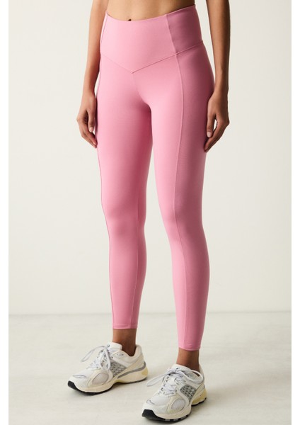 Pembe Yüksek Bel Stitch Waist Dikiş Detaylı Bilek Boy Tayt