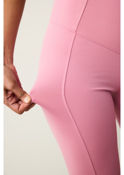Pembe Yüksek Bel Stitch Waist Dikiş Detaylı Bilek Boy Tayt