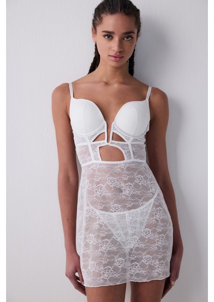 Deep Dekolte Taşlı Kırık Beyaz Gecelik