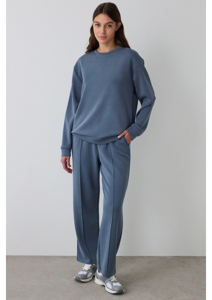 Koyu Gri Bisiklet Yaka Oversize Kısa Modal Sweatshirt