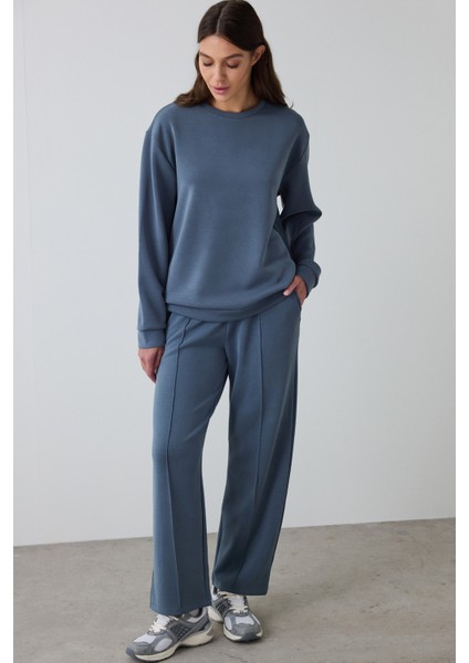Koyu Gri Bisiklet Yaka Oversize Kısa Modal Sweatshirt