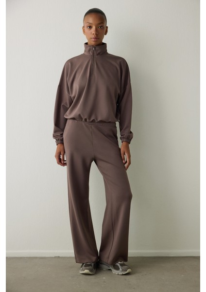 Haki Silky Feel Dik Yaka Crop Sweatshirt