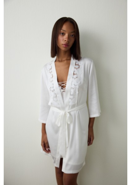 Kırık Beyaz Bridal Dantelli Gelin Sabahlık