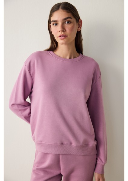 Lila Bisiklet Yaka Oversize Spor Sweatshirt