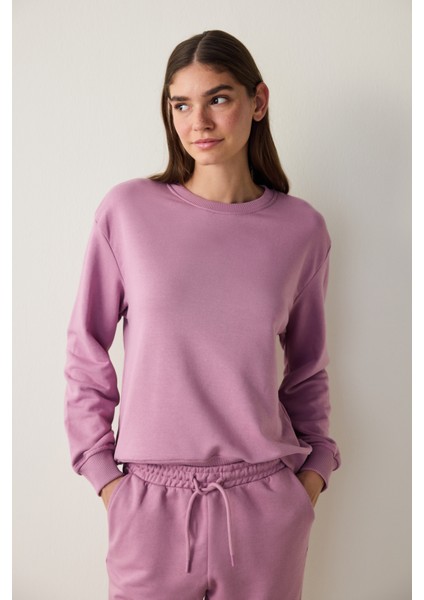 Lila Bisiklet Yaka Oversize Spor Sweatshirt