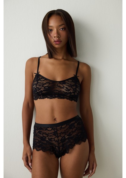 Siyah Dantelli V Yaka Crop Atlet