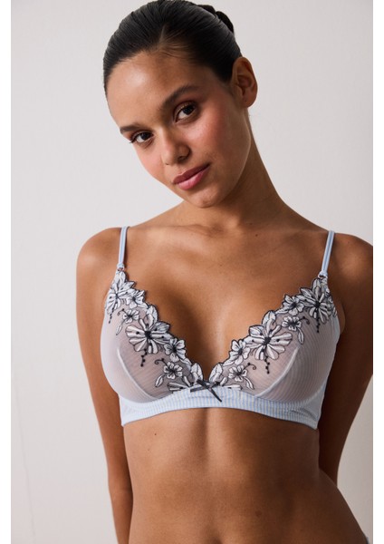 Çizgili Glam Nakışlı Balenli Dolgusuz Sütyen