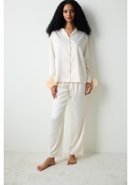 Roses Saten Gömlek Pantolon Krem Pijama Takımı