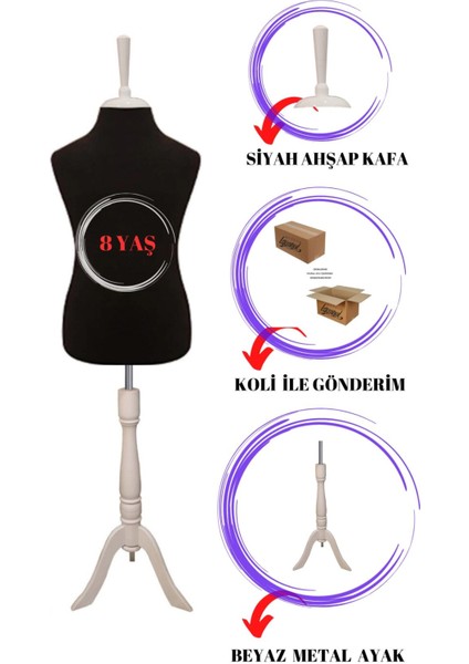 Çocuk Siyah Kumaşlı Beyaz Üç Ayaklı 8 Yaş Terzi Mankeni fiyatları