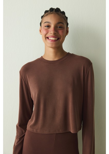 Cappuccino Fitilli Modal Bol Kesim Bisiklet Yaka Crop Üst