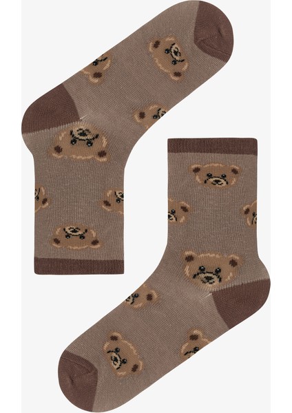 Erkek Çocuk Latte Teddy Ayı Desenli Pamuklu 4'lü Soket Çorap