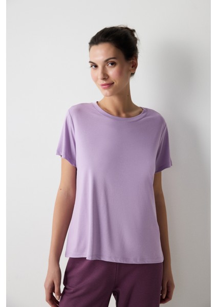 Lila Bisiklet Yaka Regular Fit Modal Tişört