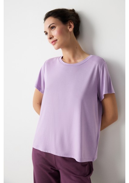 Lila Bisiklet Yaka Regular Fit Modal Tişört