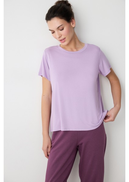 Lila Bisiklet Yaka Regular Fit Modal Tişört
