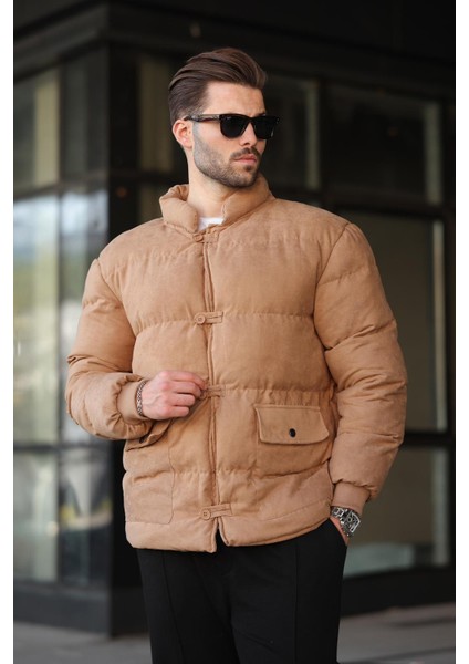 Camel Düğmeli Dik Yaka Erkek Şişme Mont E7435