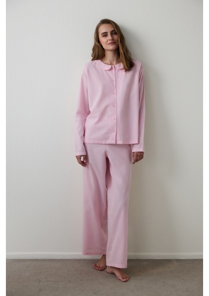 Açık Pembe Çizgili Bağlama Detaylı Pamuklu Gömlek Yaka Pijama Takımı