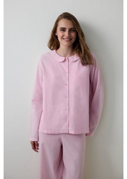 Açık Pembe Çizgili Bağlama Detaylı Pamuklu Gömlek Yaka Pijama Takımı
