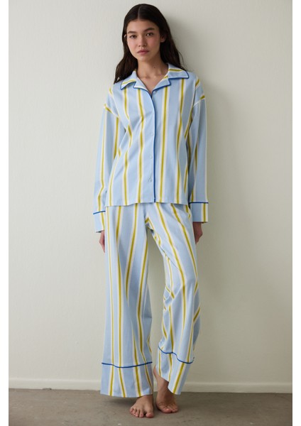Açık Mavi Çizgili Gömlek Yaka Pamuklu Uzun Kollu Pijama Takımı- Inspired by Flora
