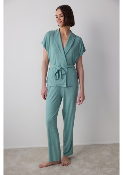 Yeşil Lenna Ribanalı V Yaka Lohusa Pijama Takımı