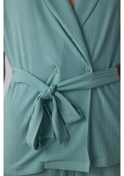 Yeşil Lenna Ribanalı V Yaka Lohusa Pijama Takımı