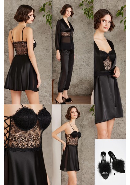 Kadın Saten Gecelik & Sabahlık & Pijama Takımı & Şortlu Takım Terlik Hediyeli Çeyiz Set