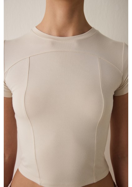 Bej Bisiklet Yaka Kısa Kollu Slim Fit Modal Tişört