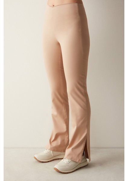 Bej Yüksek Bel Jean Görünümlü Flare İspanyol Paça Pantolon