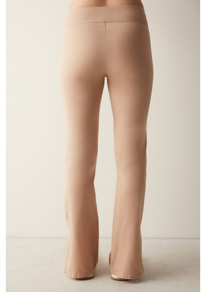 Bej Yüksek Bel Jean Görünümlü Flare İspanyol Paça Pantolon