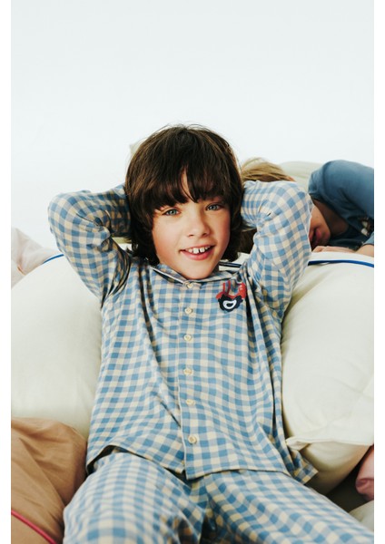 Bej Erkek Çocuk Ekoseli Düğmeli Gömlekli Pamuklu Pijama Takımı