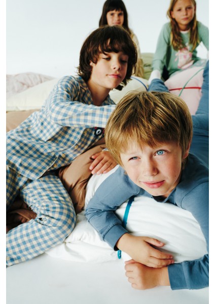 Bej Erkek Çocuk Ekoseli Düğmeli Gömlekli Pamuklu Pijama Takımı