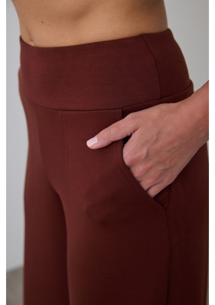 Cappuccino Yüksek Bel Beli Lastikli Geniş Paça Pantolon