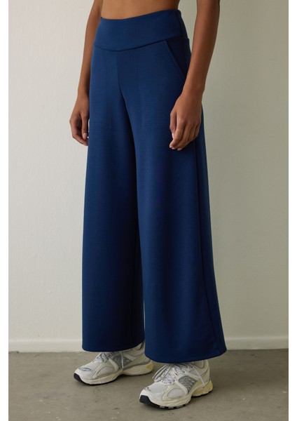 Lacivert Yüksek Bel Beli Lastikli Bol Paça Pantolon