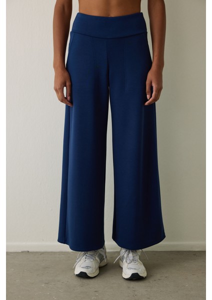 Lacivert Yüksek Bel Beli Lastikli Bol Paça Pantolon