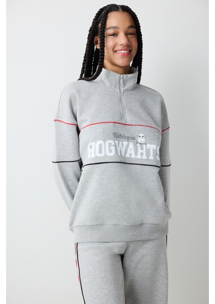 Gri Melanj Yarım Fermuarlı Harry Potter Baskılı Sweatshirt