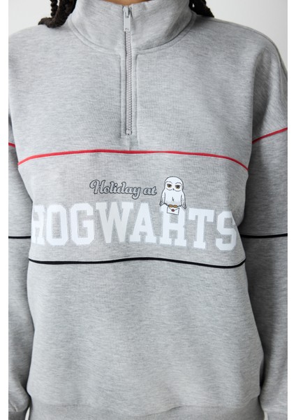 Gri Melanj Yarım Fermuarlı Harry Potter Baskılı Sweatshirt