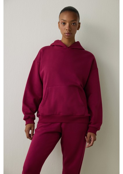 Mor Kapüşonlu Oversize Sweatshirt
