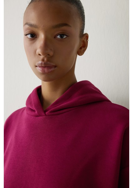Mor Kapüşonlu Oversize Sweatshirt