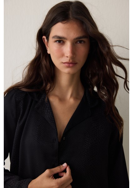 Siyah Fleur Saten Gömlek Yaka Uzun Kollu Pijama Takımı