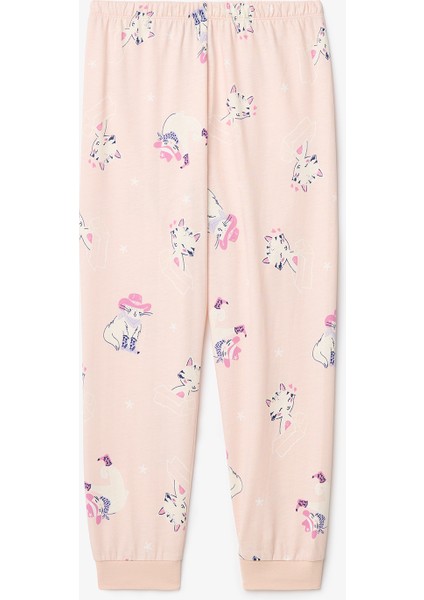 Kız Çocuk Meowdy Kedi Desenli Pamuklu 2'li Uzun Kollu Pijama Takımı