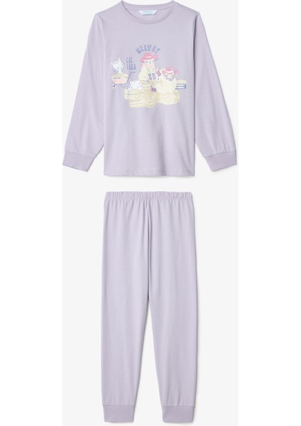 Kız Çocuk Meowdy Kedi Desenli Pamuklu 2'li Uzun Kollu Pijama Takımı