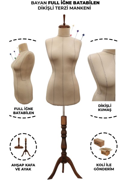 38 Beden Özel Üretim Iğne Batabilen Ütü Yapılabilen Ahşap Ayaklı Terzi Mankeni P-1