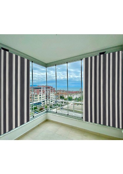 Balkon Perdesi Kuş Gözü Ölçü Seçenekli Gri Beyaz Çizgili