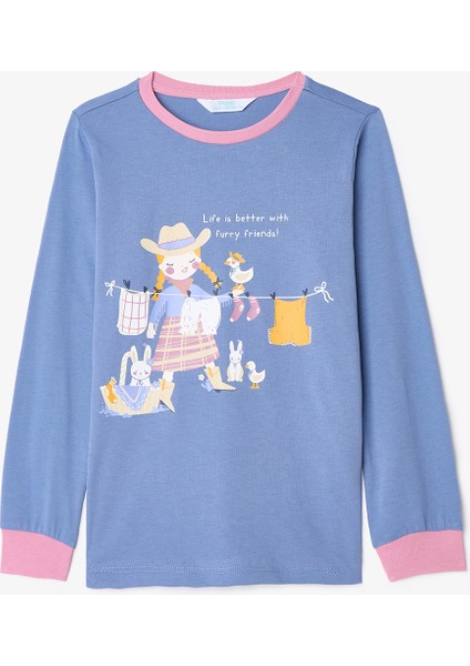 Kız Çocuk Furry Bunny Tavşan Baskılı Pamuklu Uzun Kollu 2'li Pijama Takımı indirimleri