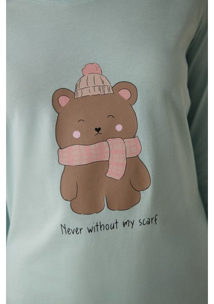 Mint Ent Scarf Bisiklet Yaka Uzun Kollu Slogan Baskılı Pijama Takımı