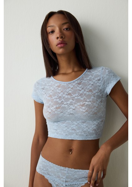 Açık Mavi Bisiklet Yaka Dantelli Crop Üst