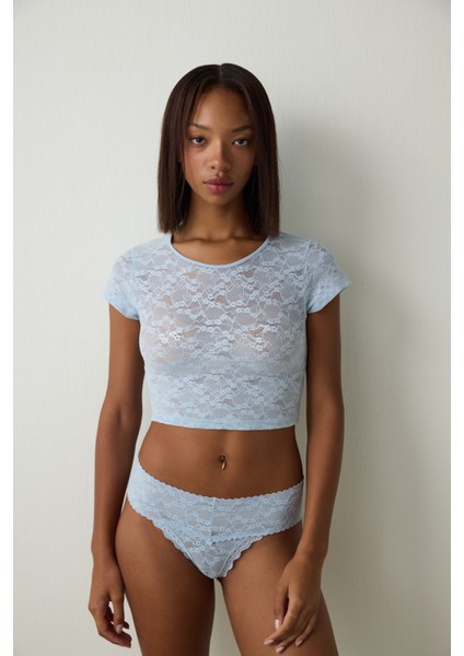 Açık Mavi Bisiklet Yaka Dantelli Crop Üst
