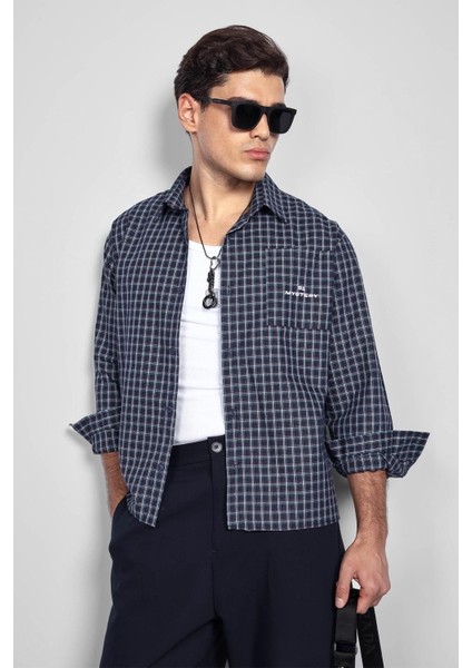 Erkek Oversize Ekose Uzun Kollu Gömlek Lacivert modelleri