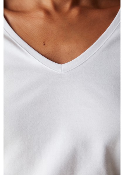 Pamuklu V Yaka Basic Beyaz Uzun Kollu Üst