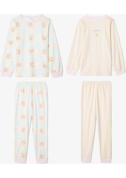Optik Beyaz Kız Çocuk Çıtır Çiçek Desenli Uzun Kol 2'li Pijama Takımı