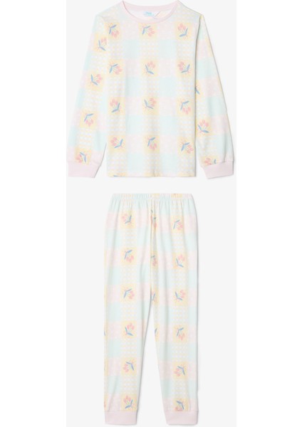 Optik Beyaz Kız Çocuk Çıtır Çiçek Desenli Uzun Kol 2'li Pijama Takımı
